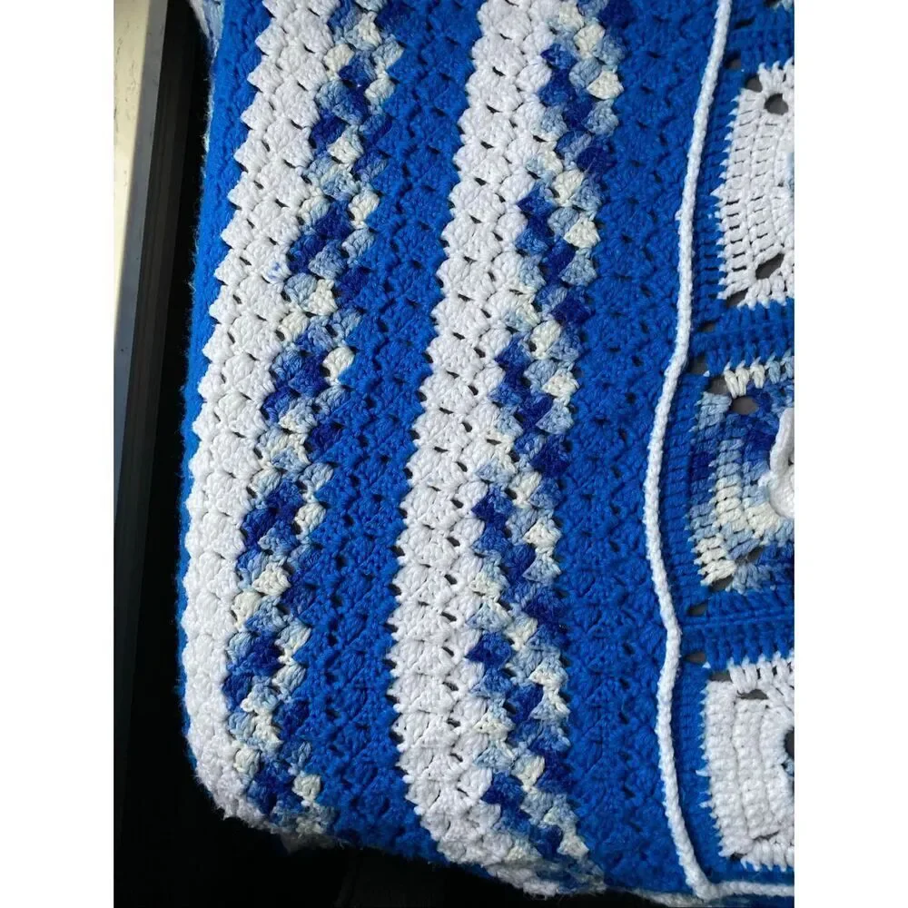 Vintage Crochet 3D Flower Blue rose Daisy Blanket KING SIZE XL Cottagecore vtg